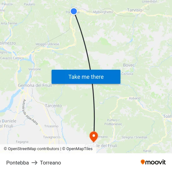 Pontebba to Torreano map