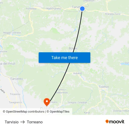 Tarvisio to Torreano map