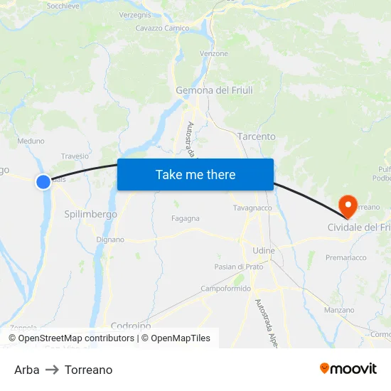 Arba to Torreano map