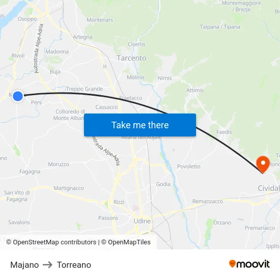 Majano to Torreano map