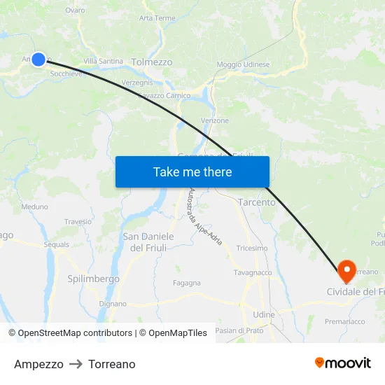 Ampezzo to Torreano map