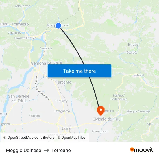 Moggio Udinese to Torreano map