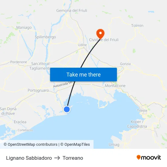 Lignano Sabbiadoro to Torreano map