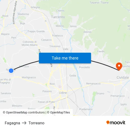 Fagagna to Torreano map