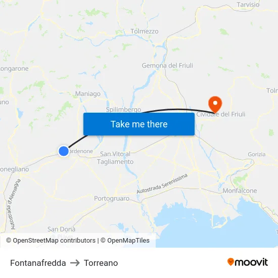 Fontanafredda to Torreano map