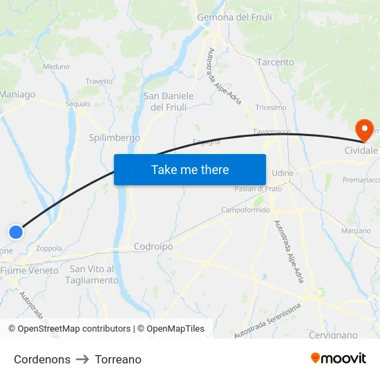 Cordenons to Torreano map
