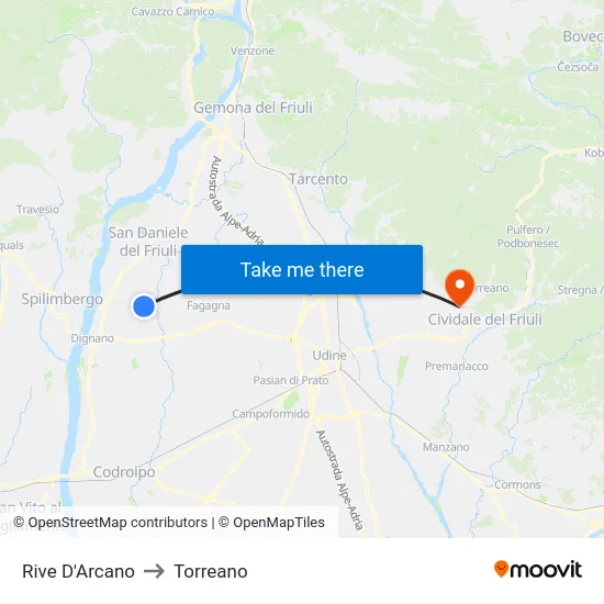 Rive D'Arcano to Torreano map