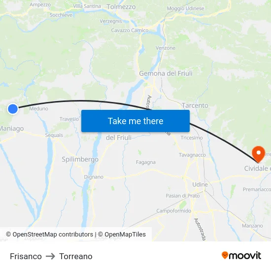 Frisanco to Torreano map