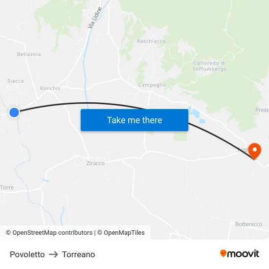 Povoletto to Torreano map