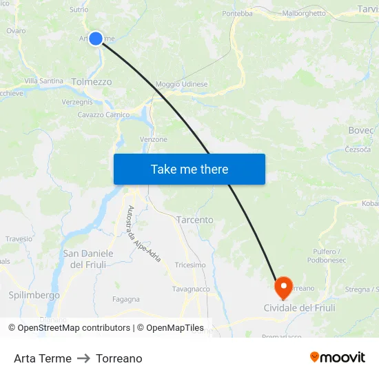 Arta Terme to Torreano map