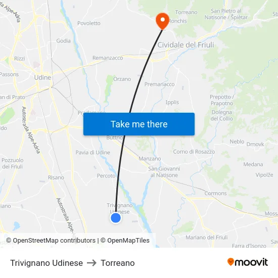 Trivignano Udinese to Torreano map