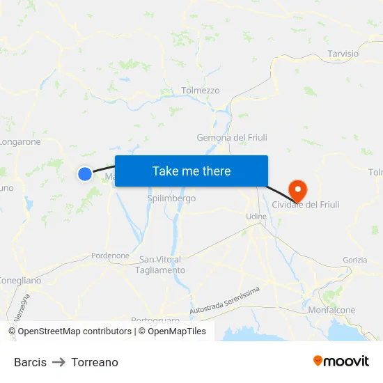 Barcis to Torreano map