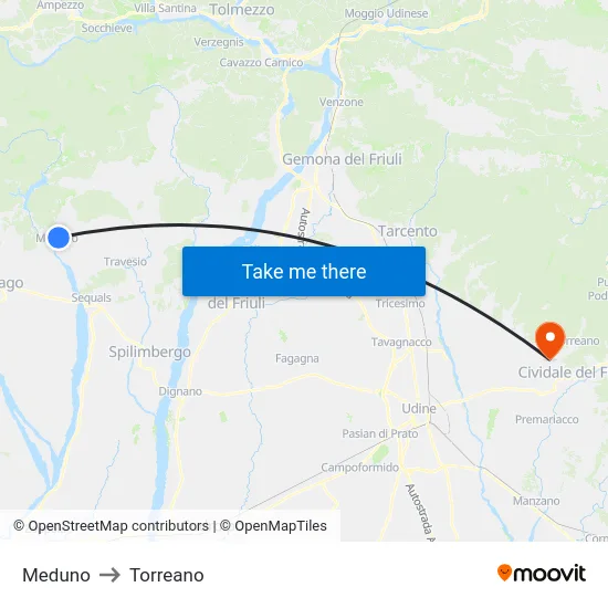 Meduno to Torreano map