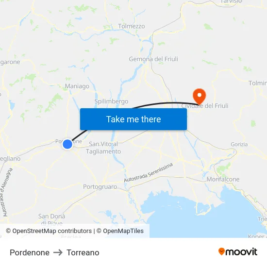 Pordenone to Torreano map