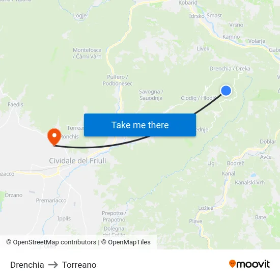 Drenchia to Torreano map