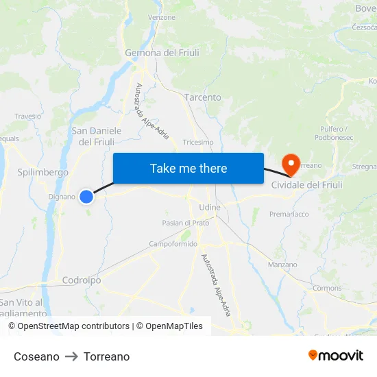 Coseano to Torreano map