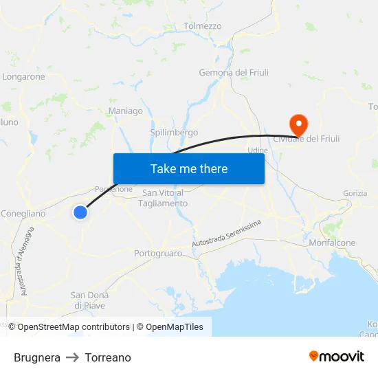 Brugnera to Torreano map