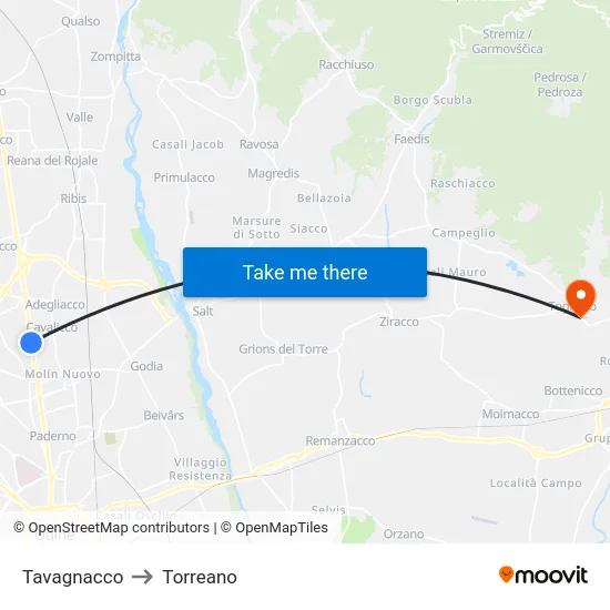 Tavagnacco to Torreano map