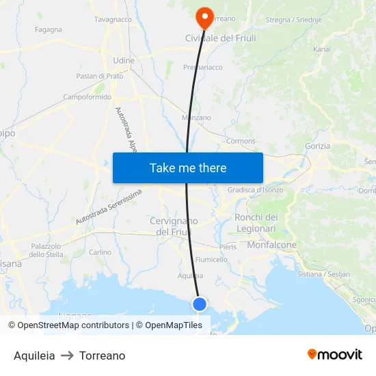Aquileia to Torreano map