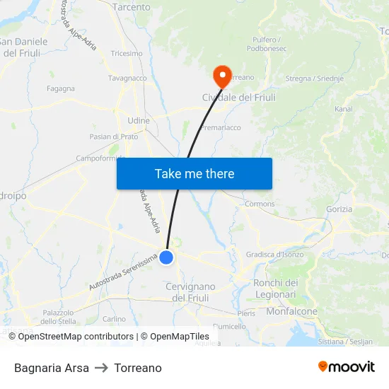 Bagnaria Arsa to Torreano map