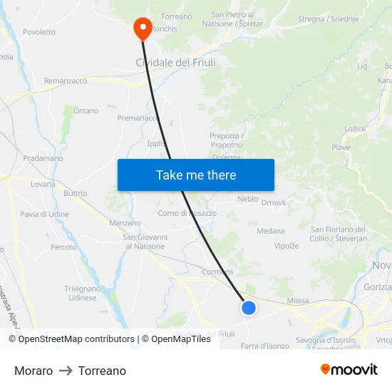 Moraro to Torreano map