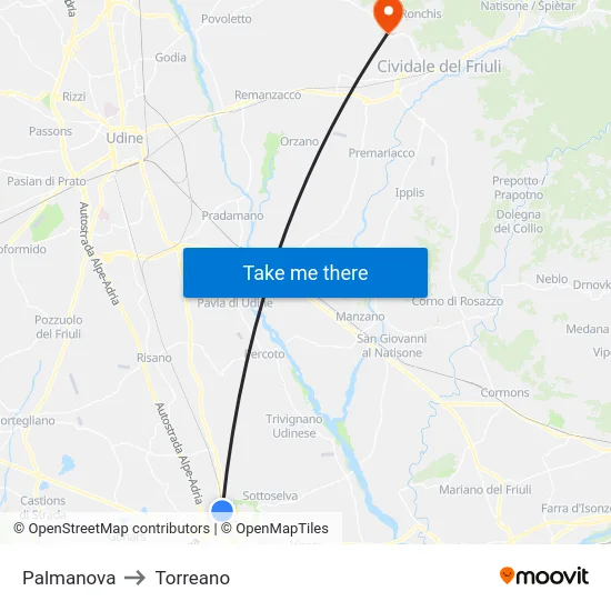 Palmanova to Torreano map