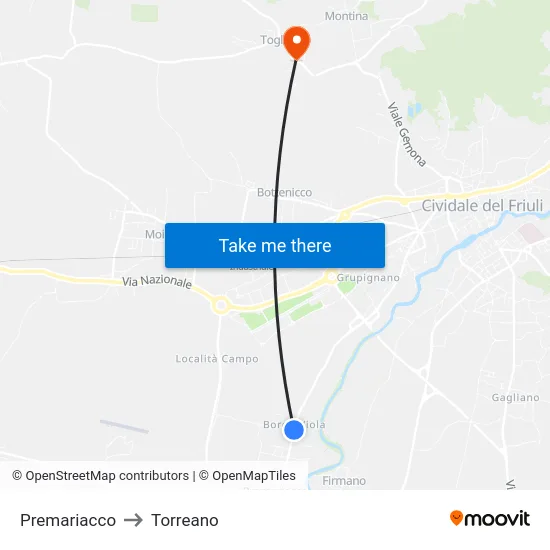Premariacco to Torreano map