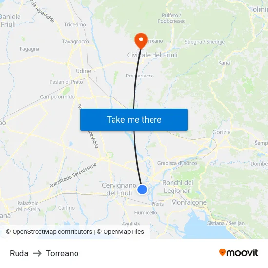 Ruda to Torreano map