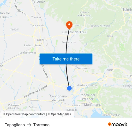 Tapogliano to Torreano map