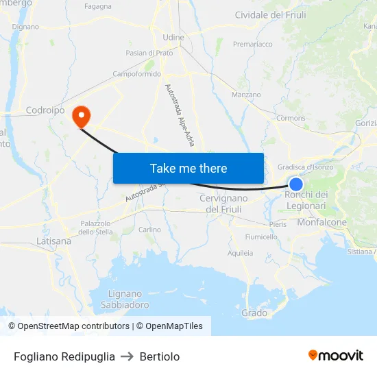 Fogliano Redipuglia to Bertiolo map