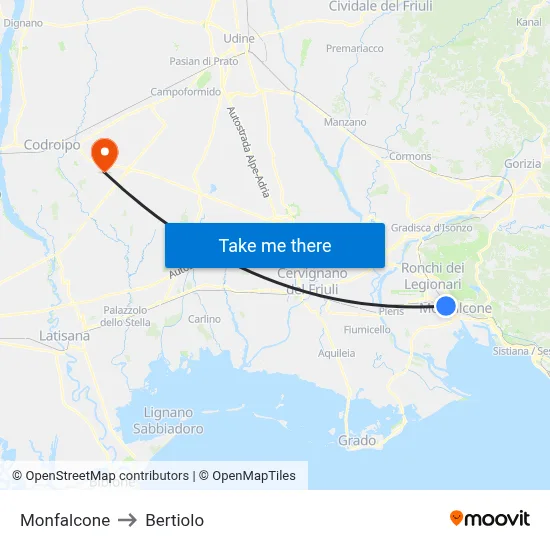 Monfalcone to Bertiolo map