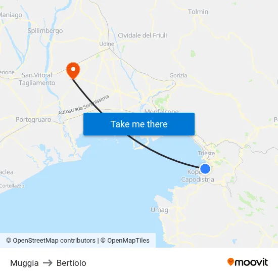 Muggia to Bertiolo map