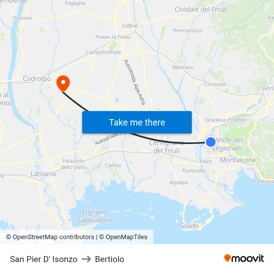 San Pier D' Isonzo to Bertiolo map
