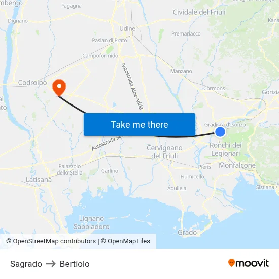 Sagrado to Bertiolo map