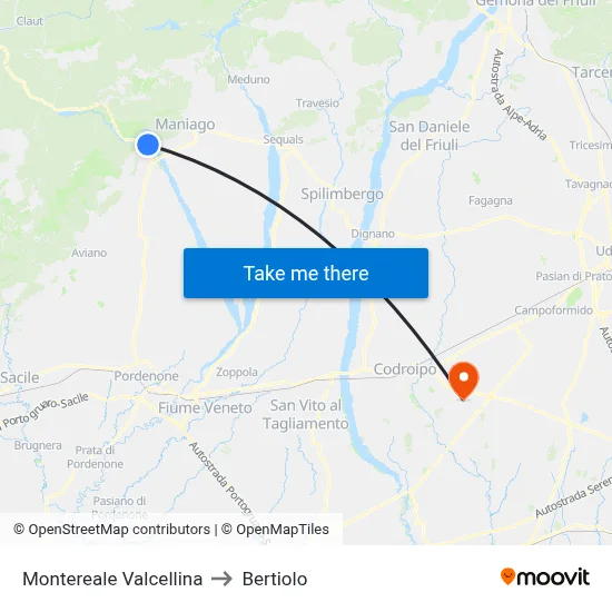 Montereale Valcellina to Bertiolo map