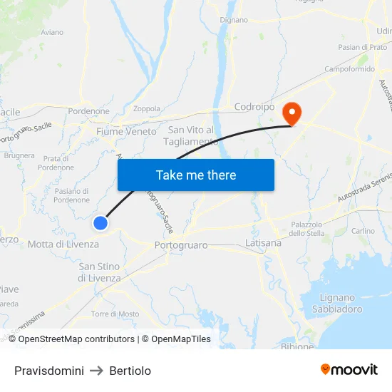 Pravisdomini to Bertiolo map