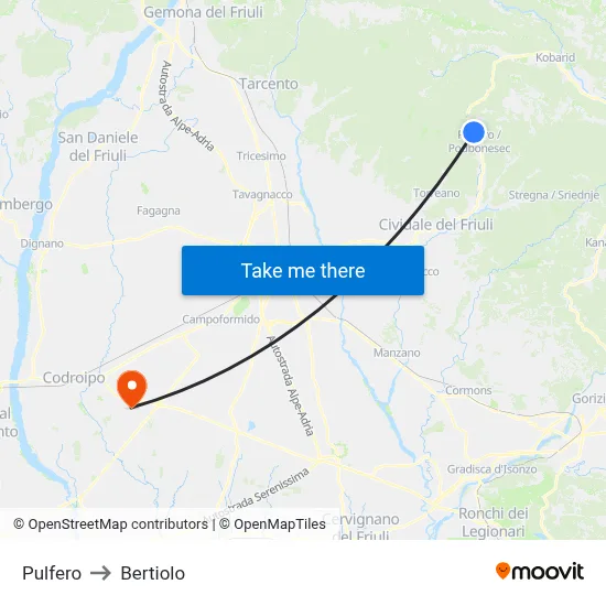 Pulfero to Bertiolo map