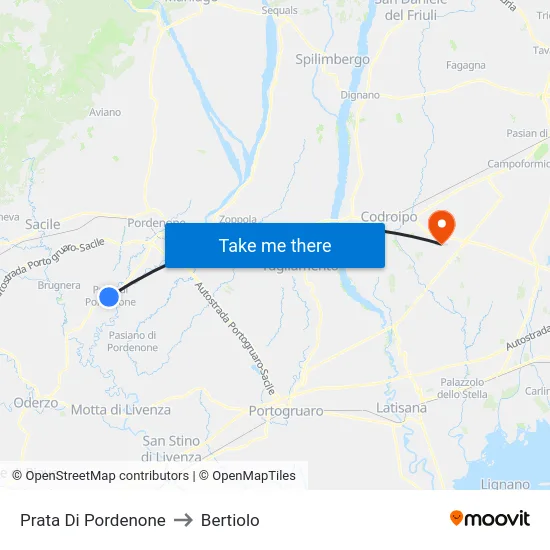 Prata Di Pordenone to Bertiolo map