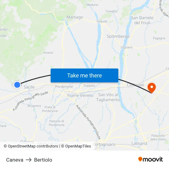 Caneva to Bertiolo map