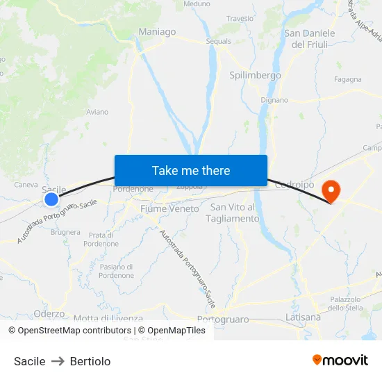 Sacile to Bertiolo map