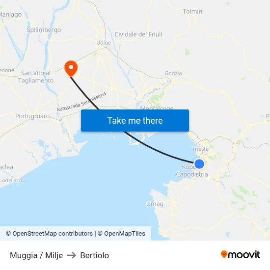 Muggia / Milje to Bertiolo map