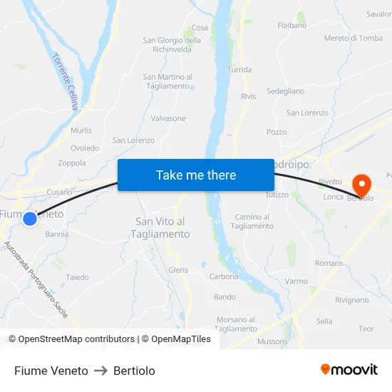 Fiume Veneto to Bertiolo map