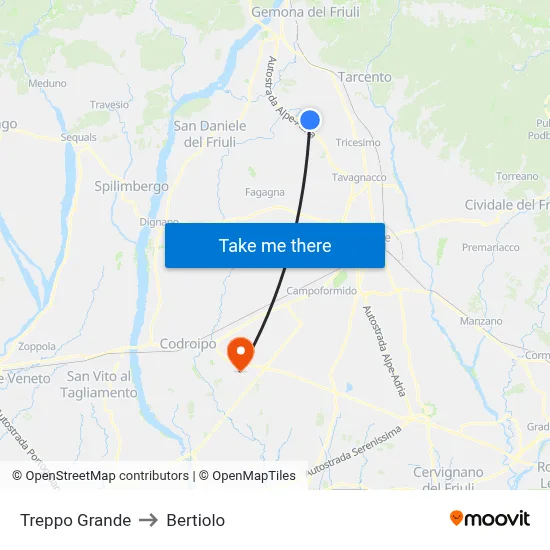 Treppo Grande to Bertiolo map