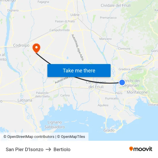 San Pier D'Isonzo to Bertiolo map