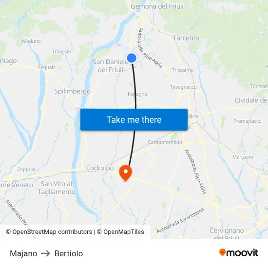Majano to Bertiolo map