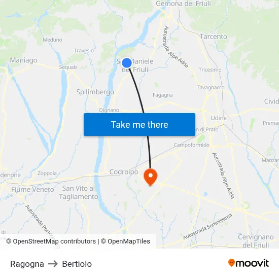 Ragogna to Bertiolo map