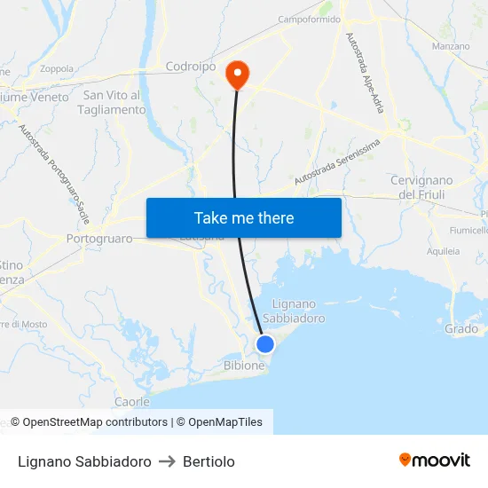 Lignano Sabbiadoro to Bertiolo map