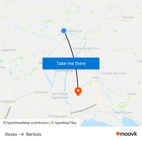 Raveo to Bertiolo map