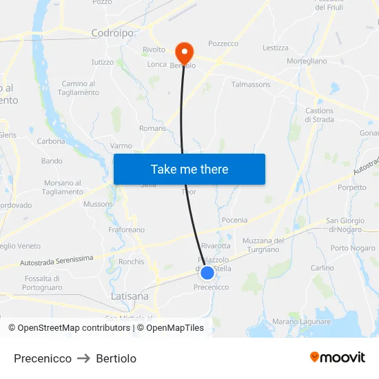 Precenicco to Bertiolo map