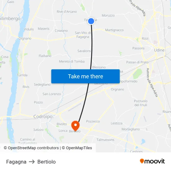 Fagagna to Bertiolo map